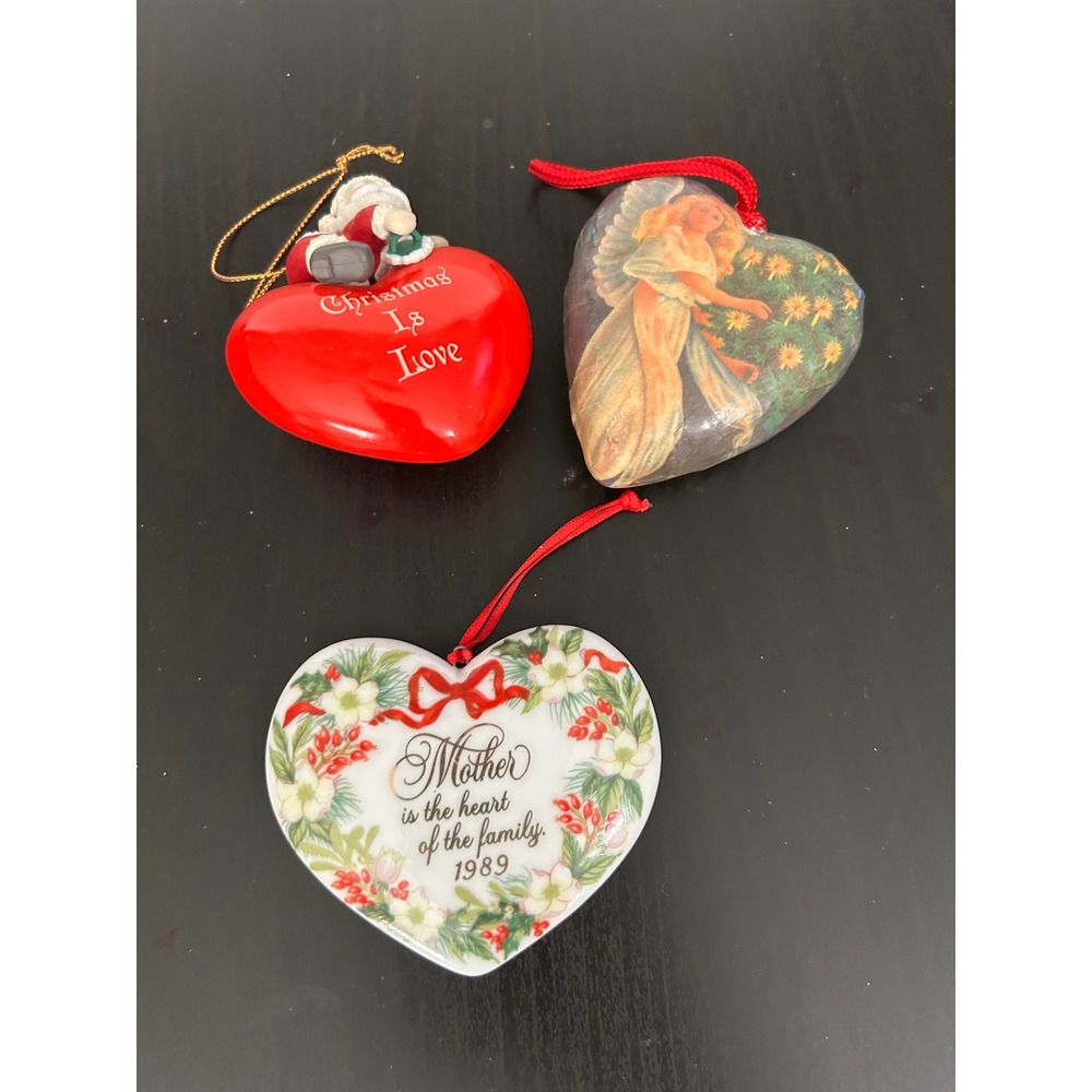 Christmas Ornaments Heart Shape Santa Angel Mother 1989 Hallmark Vintage Lot 3pc